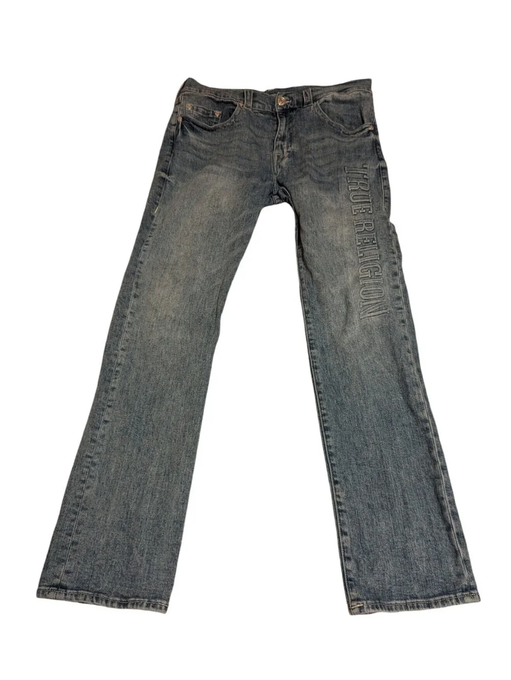 True Religion Ricky Mens Light Wash Relaxed Straight Spell out Jeans Size 36x34